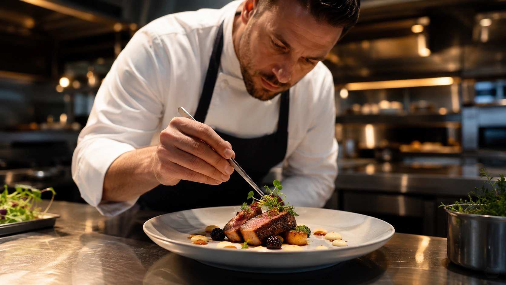 Chefs cooking in a modern industrial kitchen with flame and automation equipment