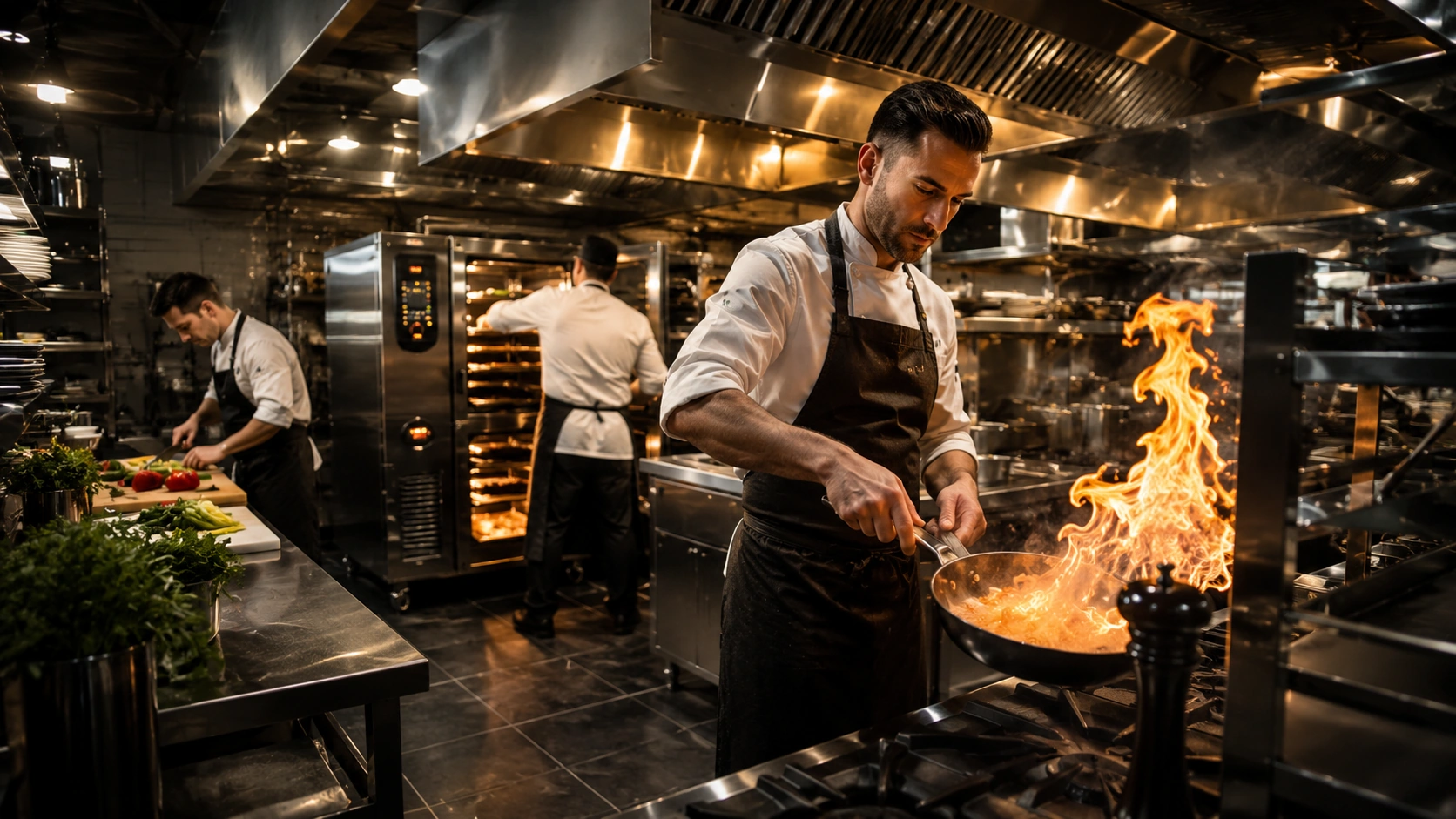 Professional chef plating food in an industrial kitchen